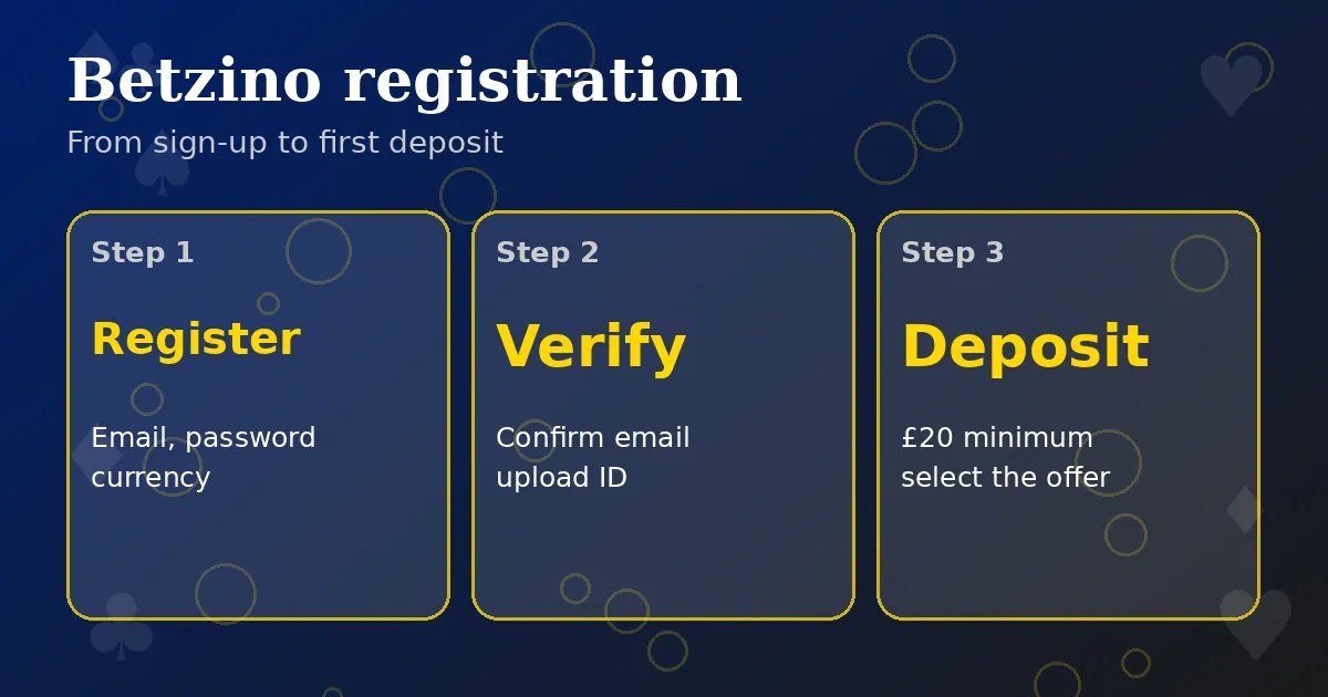 Betzino registration in three steps: register, verify, deposit