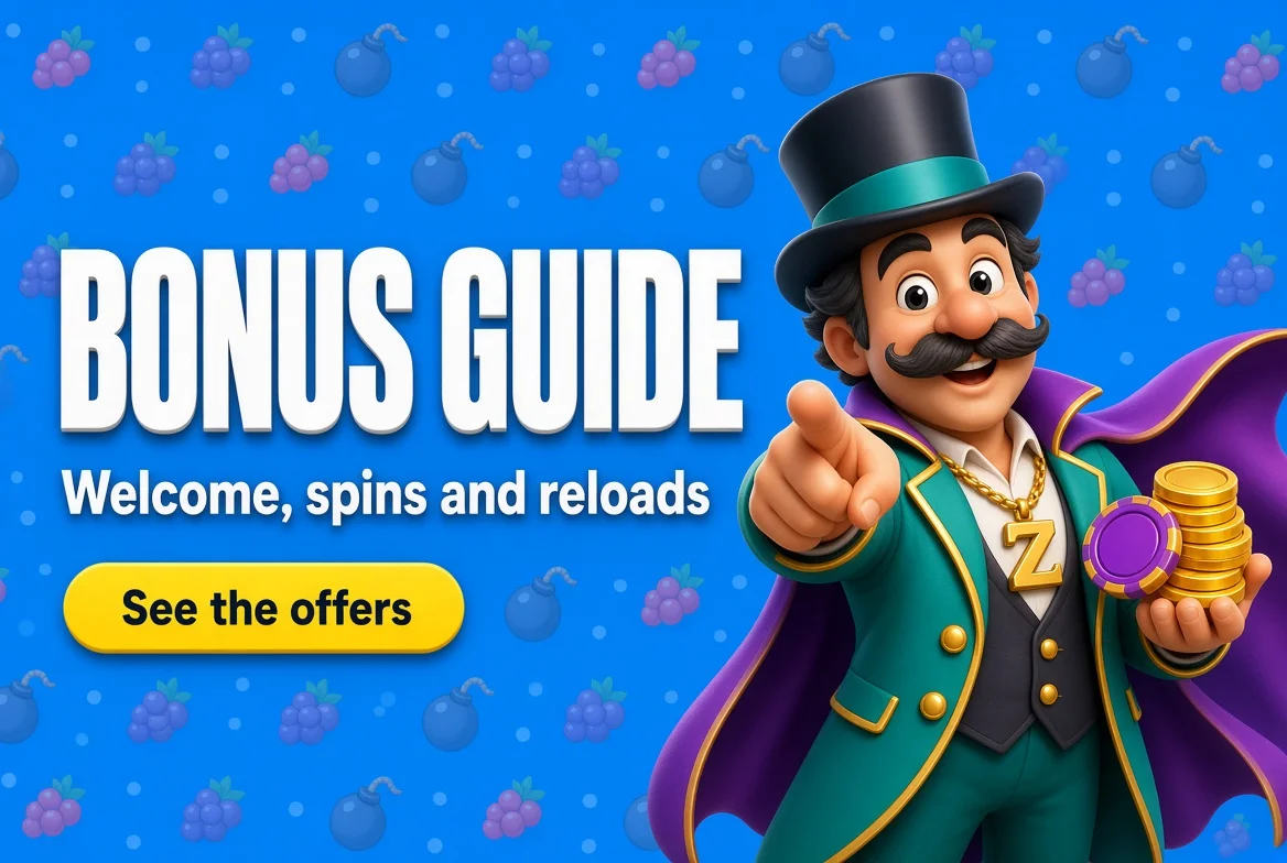 Betzino bonus guide banner: welcome offer, spins and reloads
