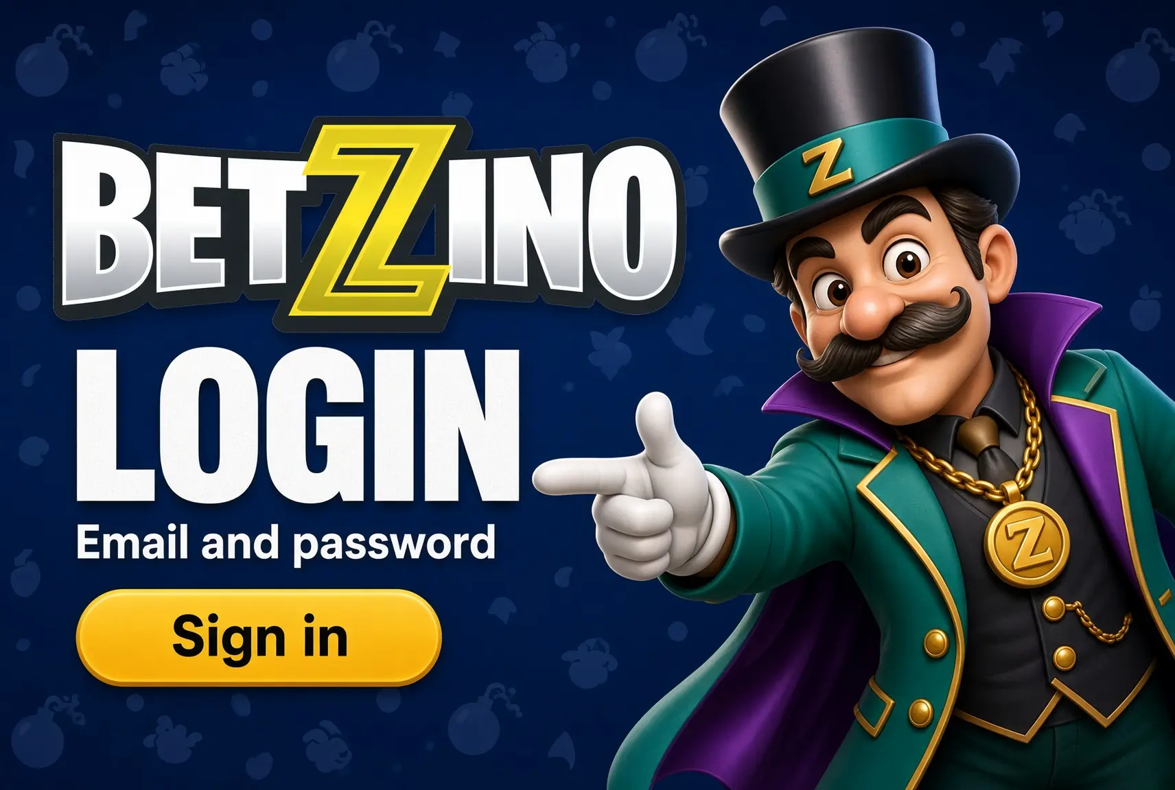 Betzino login banner: sign in with email and password