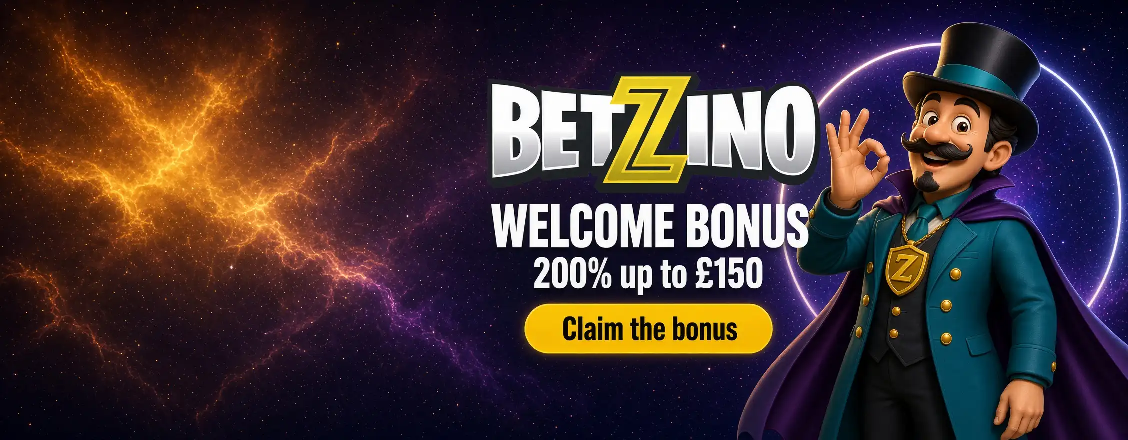 Betzino Casino welcome bonus banner: 200% up to £150